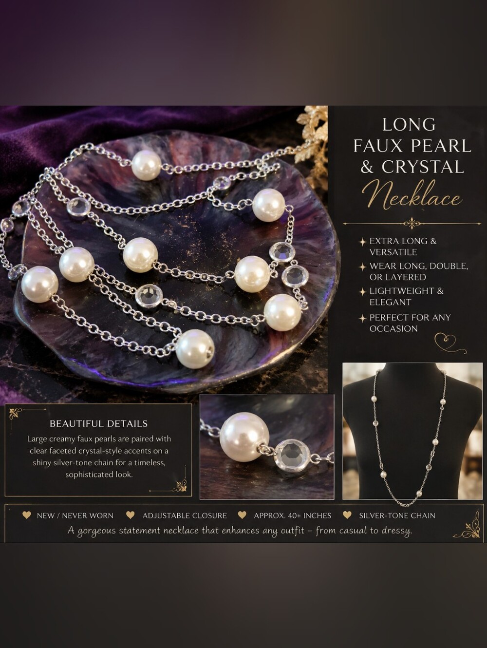 Long Faux Pearl & Crystal Silver-Tone Layered Necklace - White